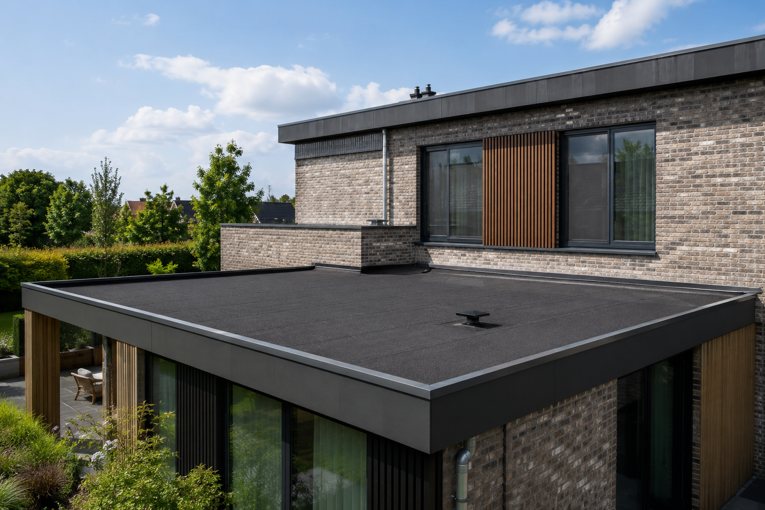 Modern plat dak met zwarte bitumen dakbedekking