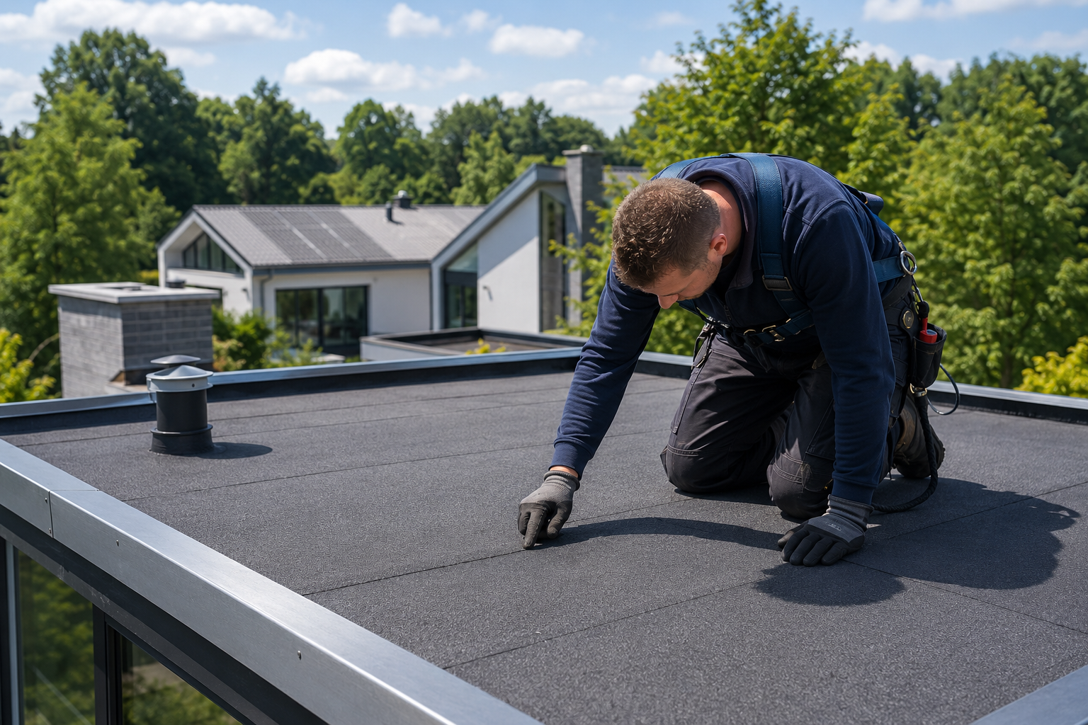 Dakdekker inspecteert naden en afvoeren van een bitumen plat dak