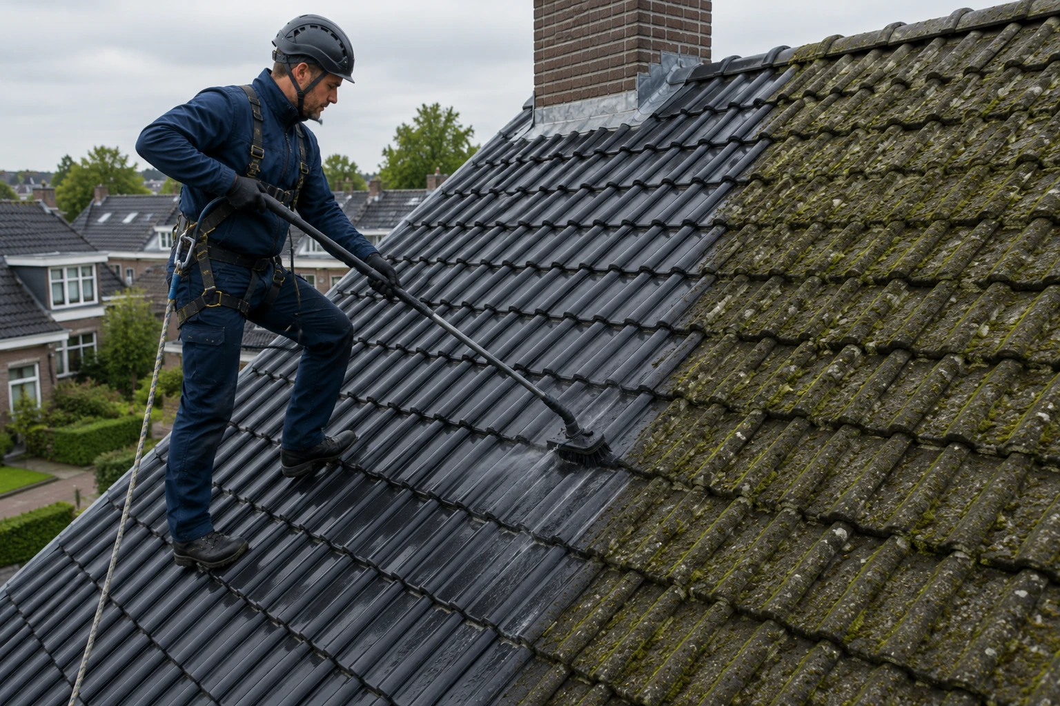 Vakman reinigt een pannendak met lagedruk en een zachte borstel; links het gereinigde deel, rechts nog mos en algen