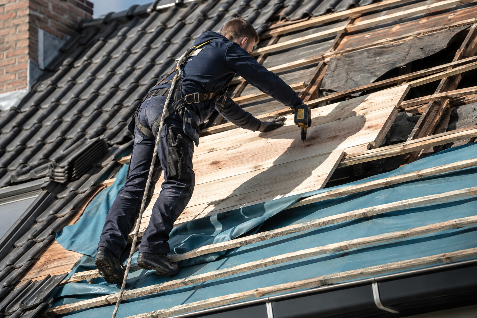 Vervanging van beschadigd dakbeschot tijdens dakrenovatie