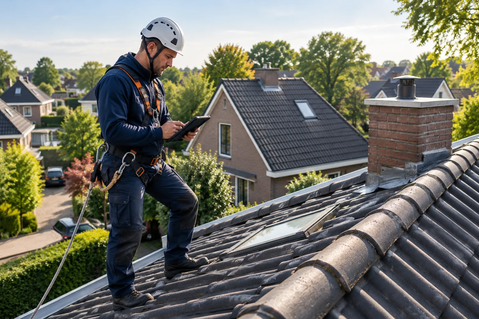 Dakinspecteur met helm en valbeveiliging beoordeelt een pannendak met een inspectietablet